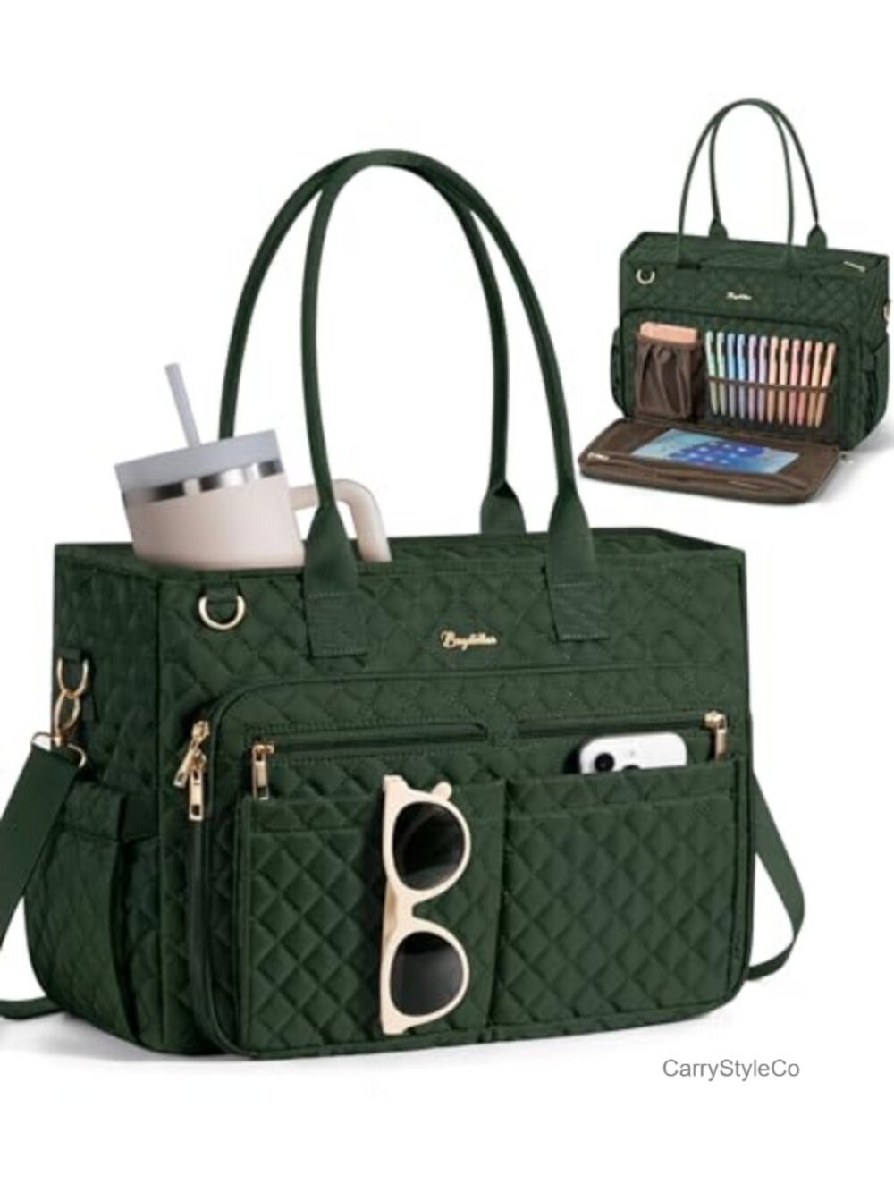 Large Quilted Polyester Tote Bag 15.6" Laptop Work Teacher Nurse 33 Pockets